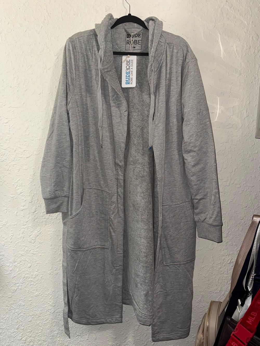 Men's Light Gray Hooded Plush Robe with Belt - Picture 6 of 11